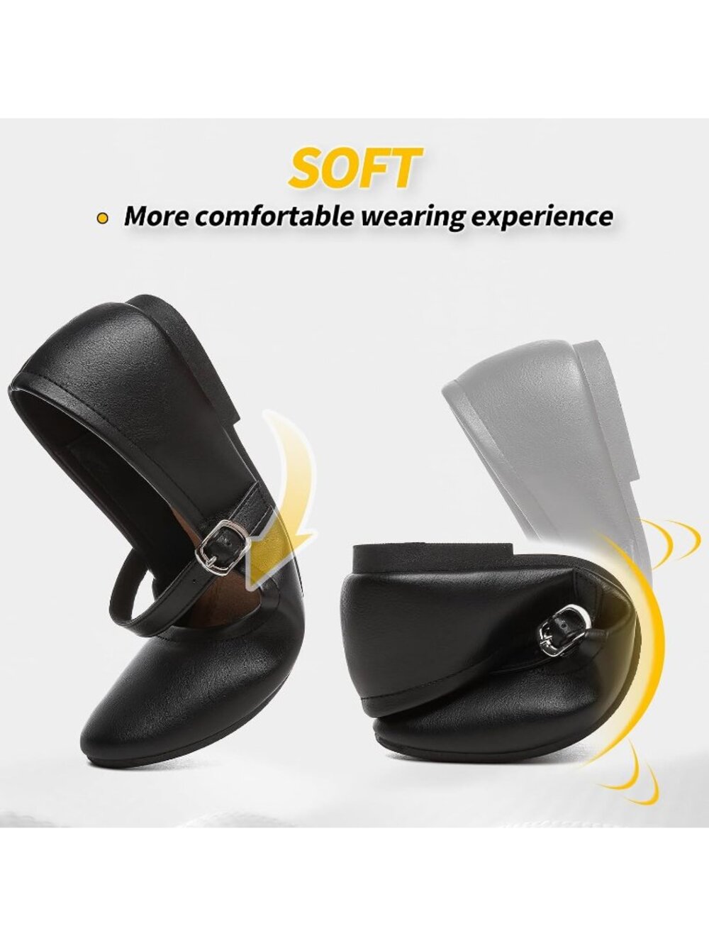 Women's Black Leather Mary Janes Ballet Flat Soft Memory Foam Insole Dress Shoes - Picture 4 of 6